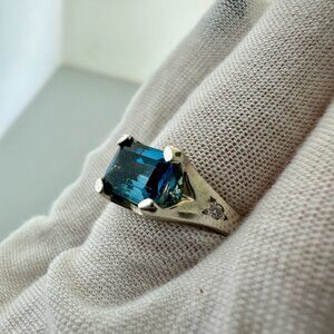 925 Sterling Silver Blue Topaz Ring with Crystal Accents - Size 6.75